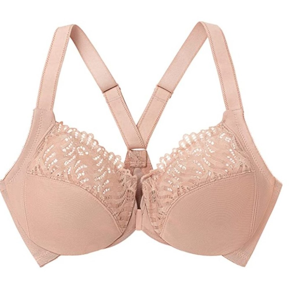 Glamorise Women’s Full Figure Plus Size Front Close Lace T-Back Bra, Beige 48C